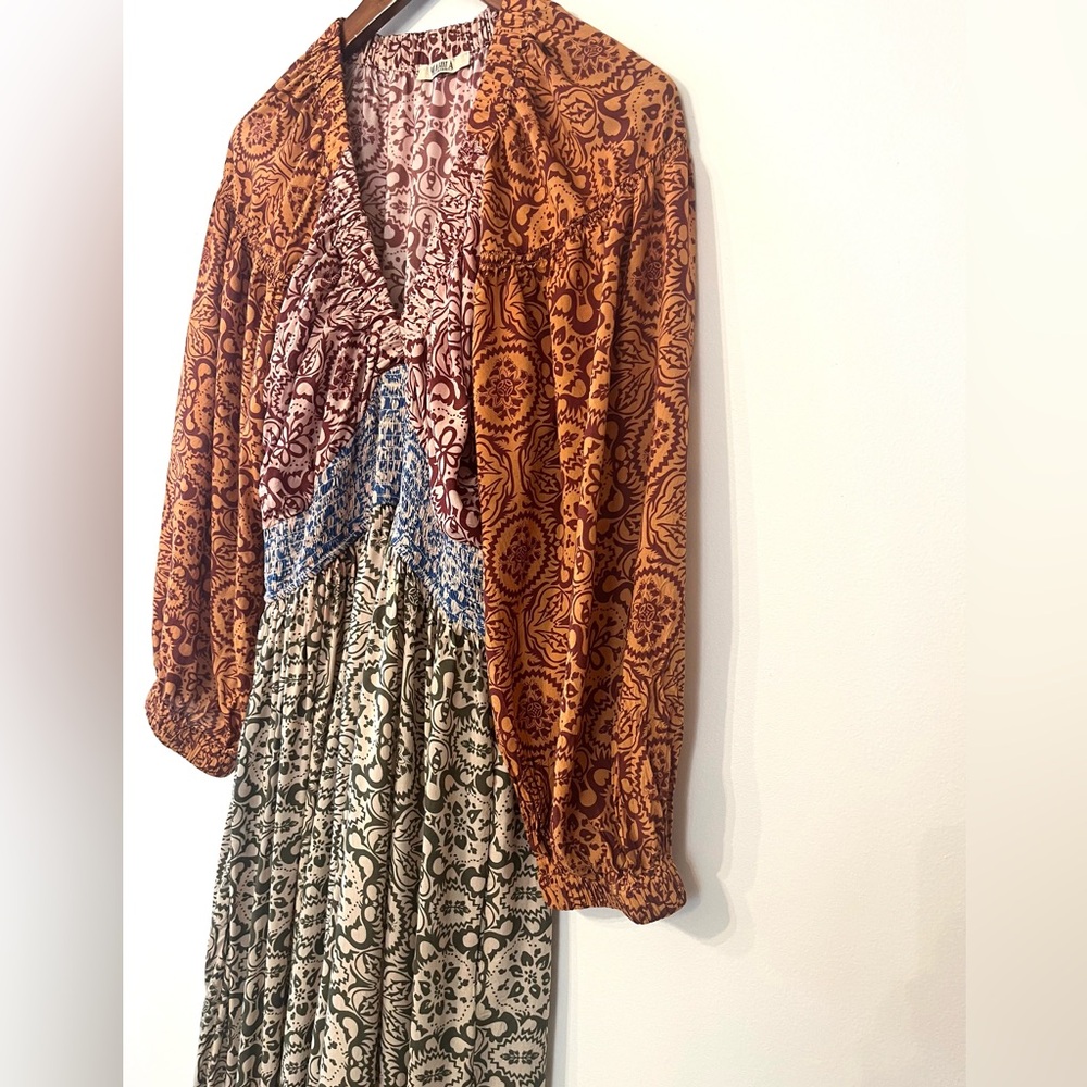 Mahila boho mixed print tiered maxi dress v-neck, smocking festival cottagecore - Picture 5 of 11